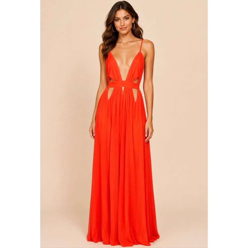 House of CB Ischia Orange Cutout Plunge Backless Maxi Dress M Goddess Resort